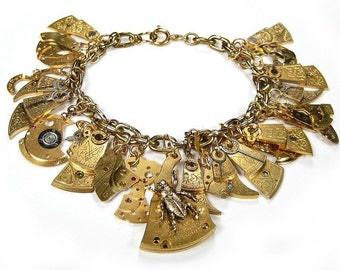 Steampunk Bracelet, Gold ETCHED Watch Parts, Gold Charm Bracelet, Anniversary,Girlfriend, Bridal, Wife Gift STUNNING, Jewelry by edmdesigns