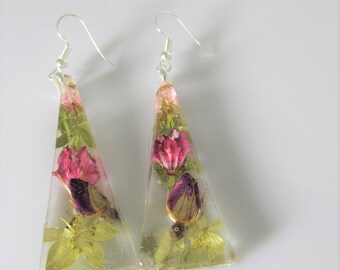 Purple Rosebud, Real Flower Earrings, Pressed Flower Jewelry, Resin (3120)