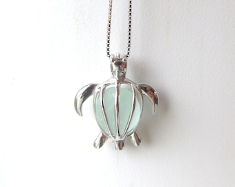Sea Turtle Necklace Sea Glass Pale Aqua Sterling Silver Honu by Wave of LIfe™