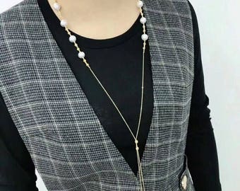 Vintage style long fresh water pearl necklace with gold accent
