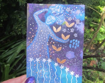 Night Dreaming, original painting 3.5 x 5ins. flowers, sparkles, wall art