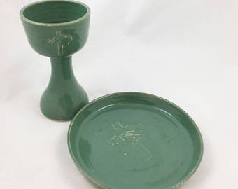 Leaf Green Chalice and Paten Cross and Hands Design Communion Set Handmade Pottery by Daisy Friesen