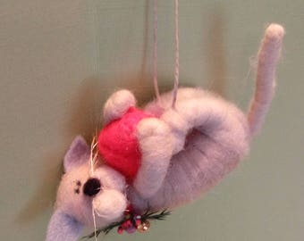 Festive Feisty Kitty Felted Wool Ornament - NEW for 2017