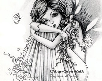 Be in My Heart - Instant Download Digital Stamp / Rose Flower Butterly Moth Fantasy Art Fairy Girl by Ching-Chou Kuik