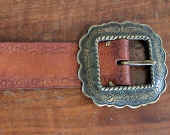Large Buckle & Brown Embossed Leather Belt