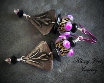 Pewter and Glass Lampwork Beaded Earrings-Flower Pewter Charms-Flower Earrings-Artisan Earrings-Tribal-Primitive-Rustic Earrings-SRAJD