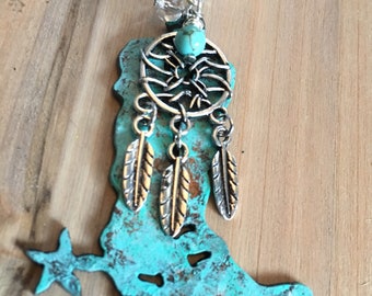 Turquoise Cowboy Boot Pendant, Dreamcatcher, Cowgirl Necklace, Barrel Racing, Rodeo
