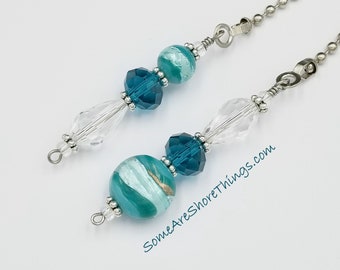 Light and Ceiling Fan Pull Chain Set. Teal Color Home Decor. Glass Beaded Pull Chains. Bedroom Kitchen Dining Room Den Office.