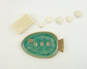 soap dish, ceramic fish soap dish, blue soap holder, draining soap dish, soap tray