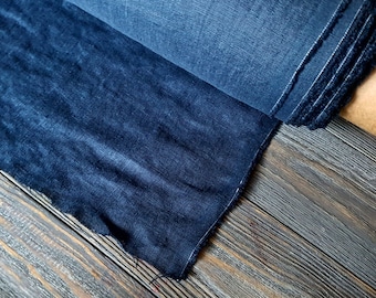 Dark blue linen fabric by the meter, washed natural linen cobalt blue fabric, prewashed stonewashed blue linen fabric by the yard 7oz