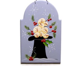Hat Full of Prim Snowmen Plaque, Handpainted Wood Sign, Hand Painted Winter Primitive Home Decor, Wall Art, Tole Decorative Painting, B2