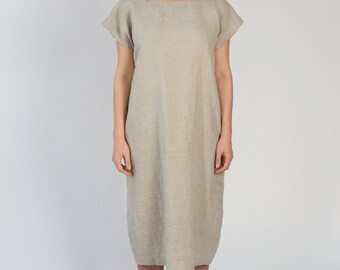 Linen Dress with Square Neckline - Natural