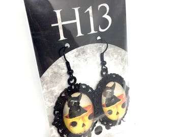 Halloween vintage pumpkin black cat earrings