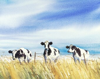 cow painting, cow wall art, cows, watercolor painting, Giclee print