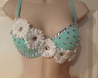 Custom Daisy flower rhinestone rave bra