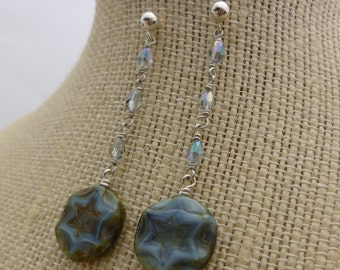Czech Glass Storm Cloud Starflower Dangle Earrings on Beaded Rosary Chain