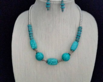 Turquoise and Silver Necklace with Pierced Earrings Set
