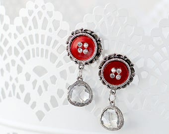 Romantic Drop Earrings - Button Earrings with Dangle - Red Earrings - Post Earrings - Earrings for the Wife - Drop Earrings for Mom