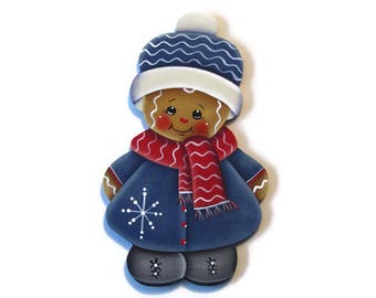 Ginger in Blue Coat Ornament or Fridge Magnet, Handpainted Wood Gingerbread Refrigerator Magnet, Hand Painted Ginger, Tole Painting