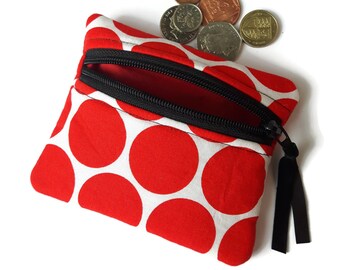 Red circles coin purse , change purse , zipped card pouch