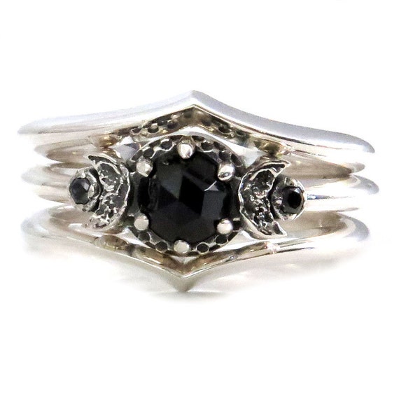 New Moon Engagement Ring Set with Black Diamonds and 2 Nesting V Bands - Sterling Silver