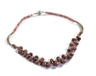 pink gemstone necklace, pink necklace for women, pink silver necklace, gemstone choker necklace, gemstone bead necklace, rhodochrosite