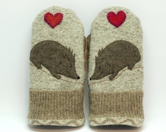 Recycled Hedgehog Mittens Felted Wool Sweater Cream Brown Red Hedgehog and Heart Applique Fleece Lining Leather Palm Eco Friendly Size M