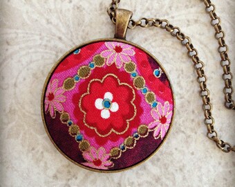 Boho Floral Necklace Antique Bronze Bohemian Red Gold Purple Batik Wedding Gift Bridesmaid Gift Fabric Jewelry Textile Art