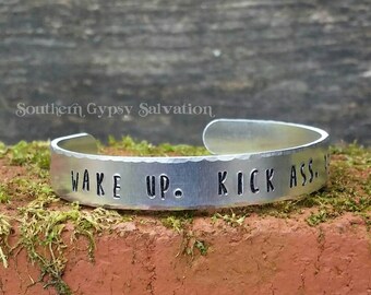 wake up. kick ass. repeat. // skinny handstamped cuff bracelet / custom cuff / personalized jewelry