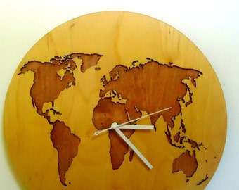 World map, WALL CLOCK 15.7"Diameter, Modern, Laser Cut, Big wall clocks, Wooden wall clock,Large wall clock,Decorative wall clocks, Wooden