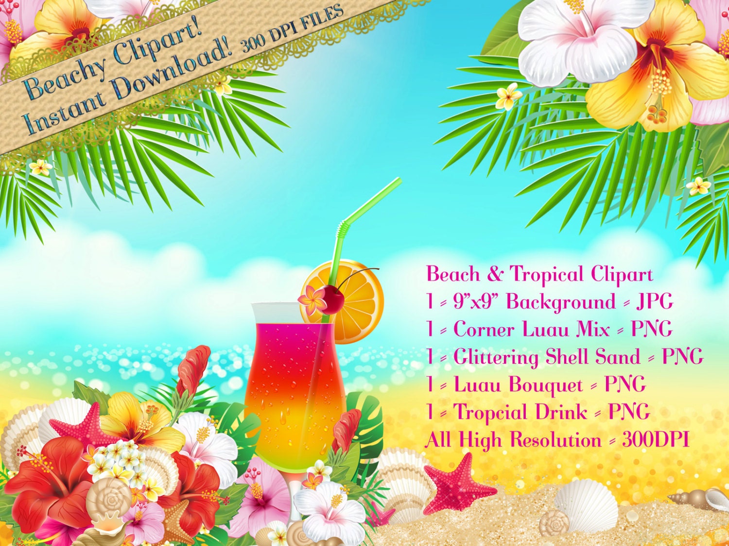 Beach Luau Clipart Pack Summer Clipart Luau Party Graphics