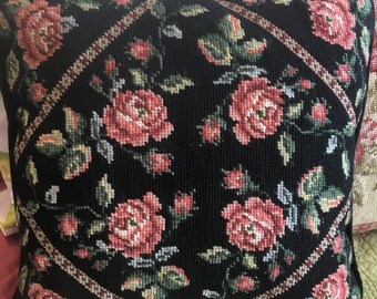 Floral Needlepoint Pillow on Black Background
