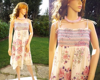 Cream floral cotton lace dress Prairie Dress Boho Dress Pink Dress Festival Dress Bohemian Peasant dress Hippie Smocked Dress UK 10-14