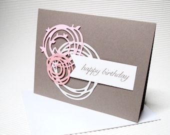Happy birthday card handmade stamped glitter flat swirly pink stationery greeting party paper