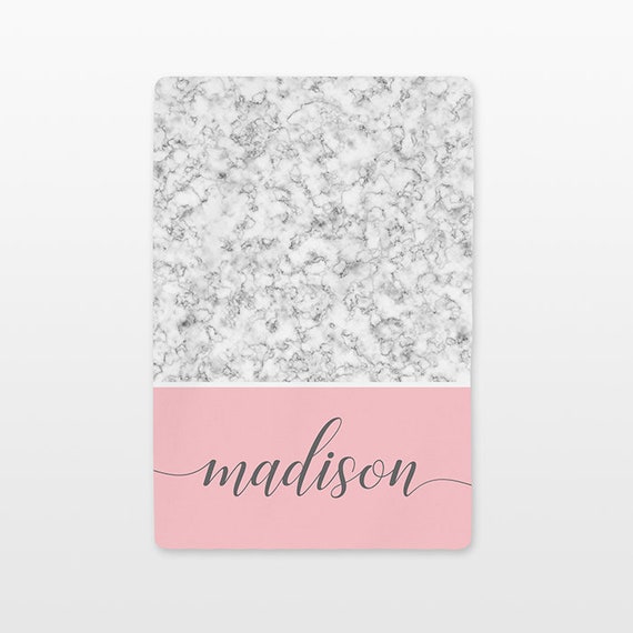 Marble Personalized Baby Blanket Custom Name Baby Girl Throw Plush Minky Soft Fleece Unique New Baby Gift Idea Modern Trendy White Gray Pink