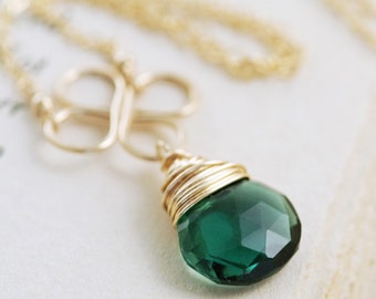 Black Friday Cyber Monday Sale- Green Gemstone Necklace 14k Gold Fill, Emerald Green Pendant, Handmade Clover Necklace