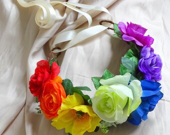 Rainbow Flower Crown, Floral Crown, Floral Headpiece, Hair Wreath