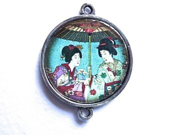 Asian Japan, geisha, 25mm, resin, silver metal cabochon