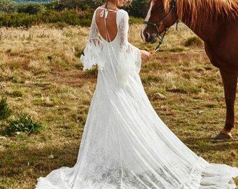 Bohemian wedding dress, Beach Lace wedding dress, backless bell sleeves boho wedding dress, Vintage white Chantilly lace wedding dress