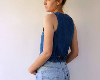 70's Denim Vest, VIntage 1970s Cropped Fitted Denim Vest, Boho Hippie Denim Cropped Jean Vest, Country Western Denim Vest , size S