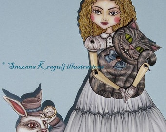 Alice in Wonderland Articulated Paper Doll (already cut and assembled) - White Rabbit and Cheshire Cat