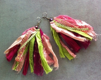 Sari Silk Earrings, Fiber Earrings, Bohemian Earrings, Sari Silk Jewelry, Boho Jewelry