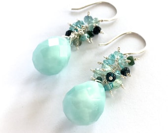 Amazonite and Blue Tourmaline Dangle Sterling Silver Earrings