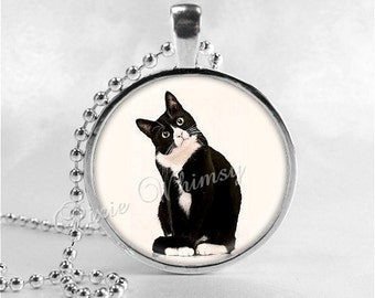 TUXEDO CAT Necklace, Cat Necklace, Cat Pendant, Cat Jewelry, Cat Charm, Glass Photo Art Necklace Pendant, Tuxedo Cat