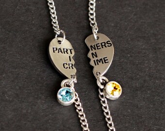 sister bracelet, PARTNERS IN CRIME bracelet, birthstone friendship bracelet set, best friends, best bitches, broken heart, sisters jwelry