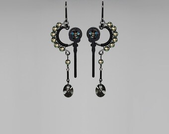 Steampunk Earrings, Iridescent Green Swarovski Crystal and Pearls, Swarovski Earrings, Green Crystal, Bridal Jewelry, Phthonus II v5