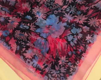 Vintage K-Mart scarf, pink, blue, red, black flowers, original tag, 1970's, 100% nylon chiffon, NOS, 26" x 26" square