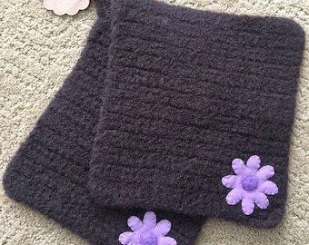 Pot holders felted wool pot holders flower design set of two