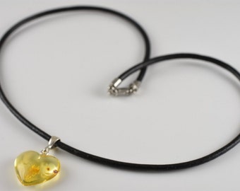 Amber Heart Necklace | Heart Necklace | Amber Heart Sterling Silver 925 Pendant On Leather String | Present For Her |