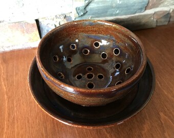 Wheel thrown red and indigo berry bowl; pottery berry bowl; pottery colander; red ceramic berry bowl; red ceramic strainer; pottery strainer